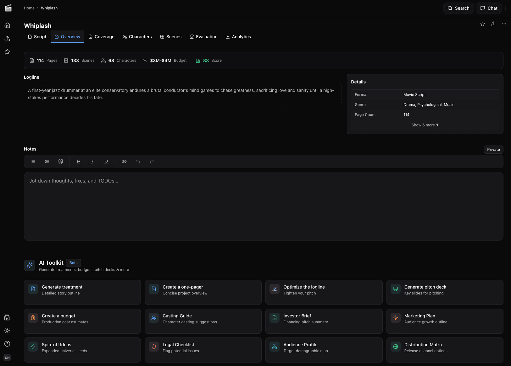 Prescene dashboard showing script analysis