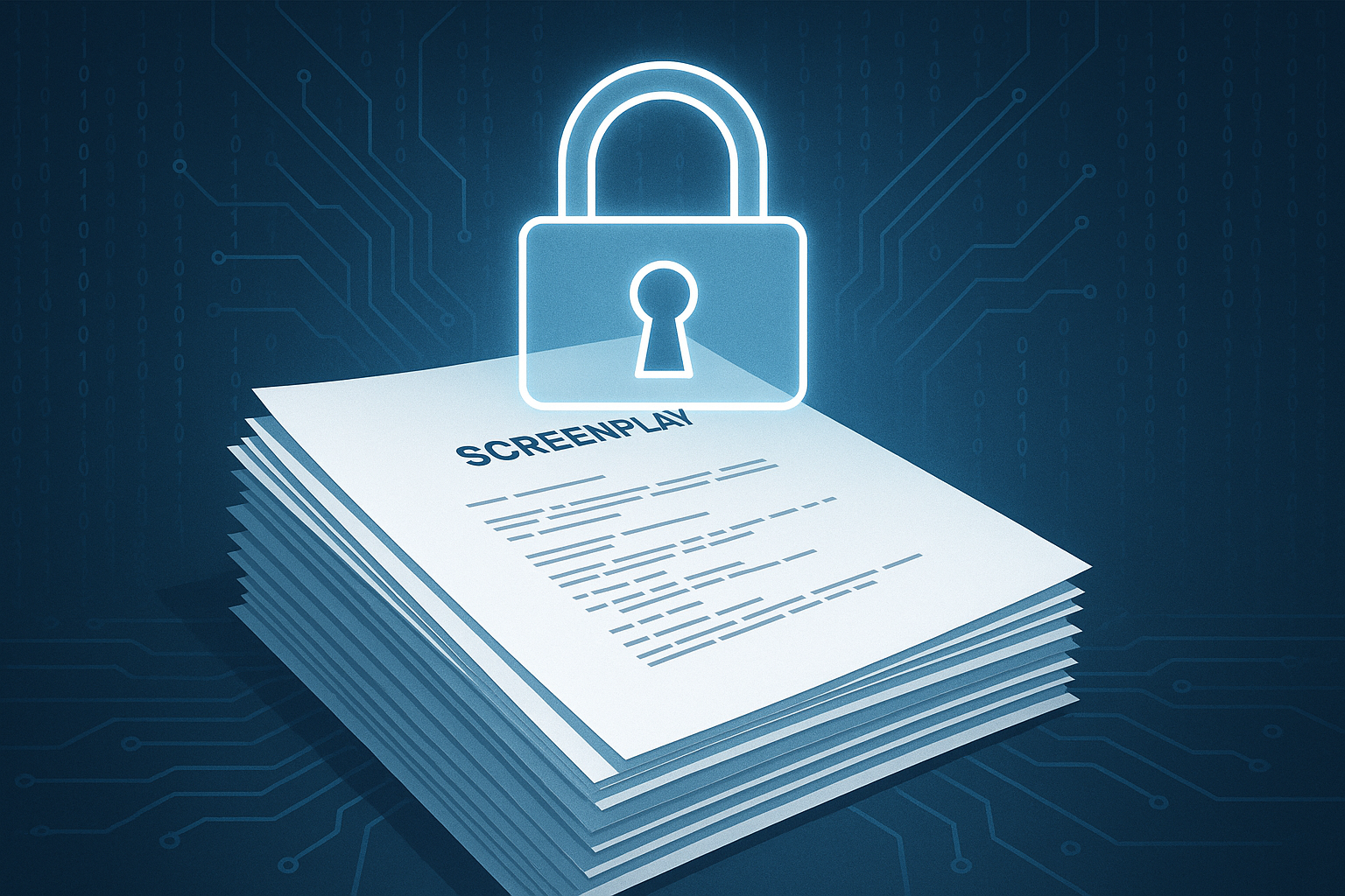 A stack of screenplay pages under a digital padlock icon