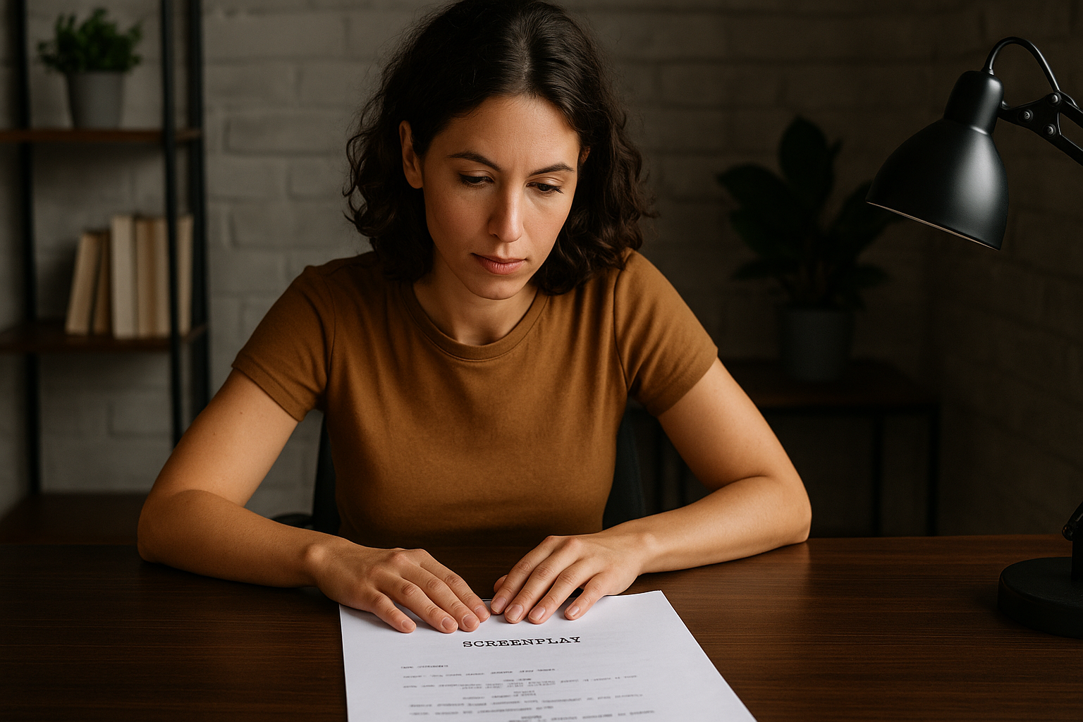A screenwriter sits at a desk with a printed script in front of her hands.