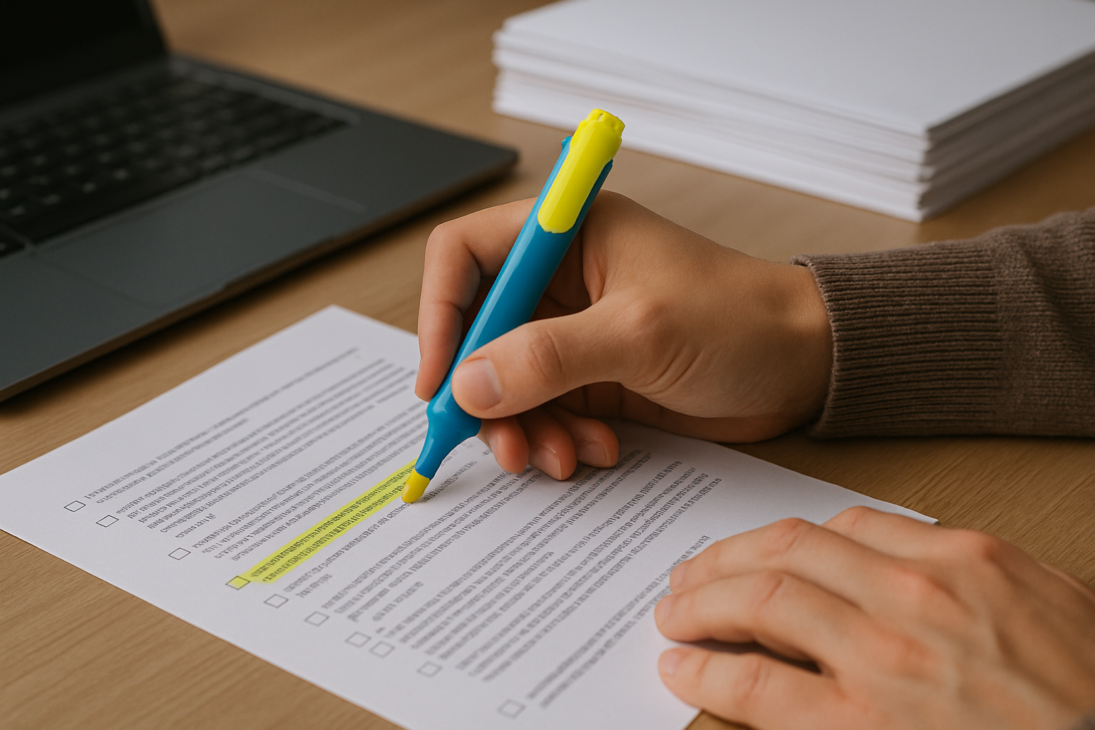 Close-up of a person highlighting text on a printed form, with a laptop and stacks of paper nearby.